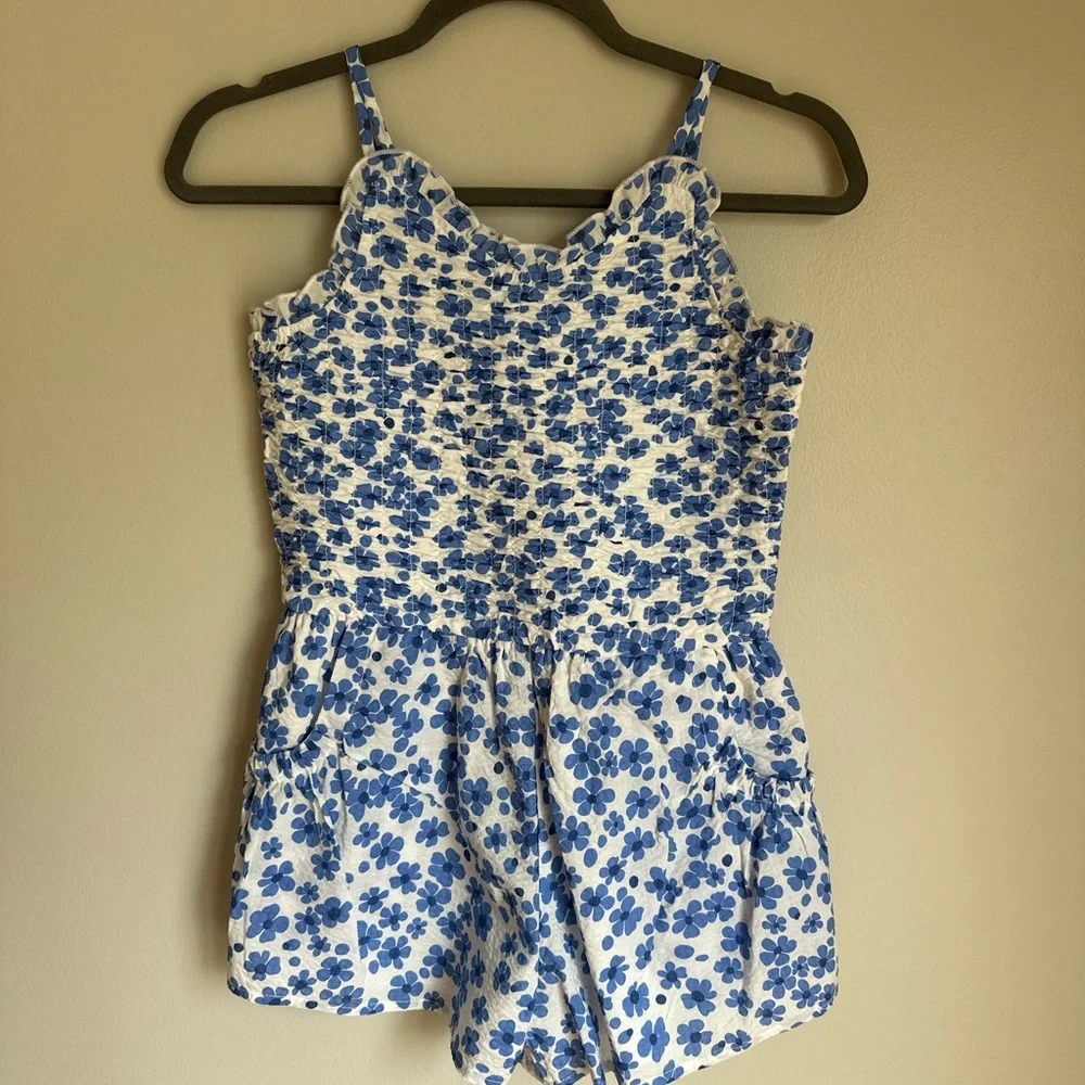 NEW Hannah banana Girls Ruched Floral Romper Blue White Size 10 Adjustable Strap - Picture 2 of 8